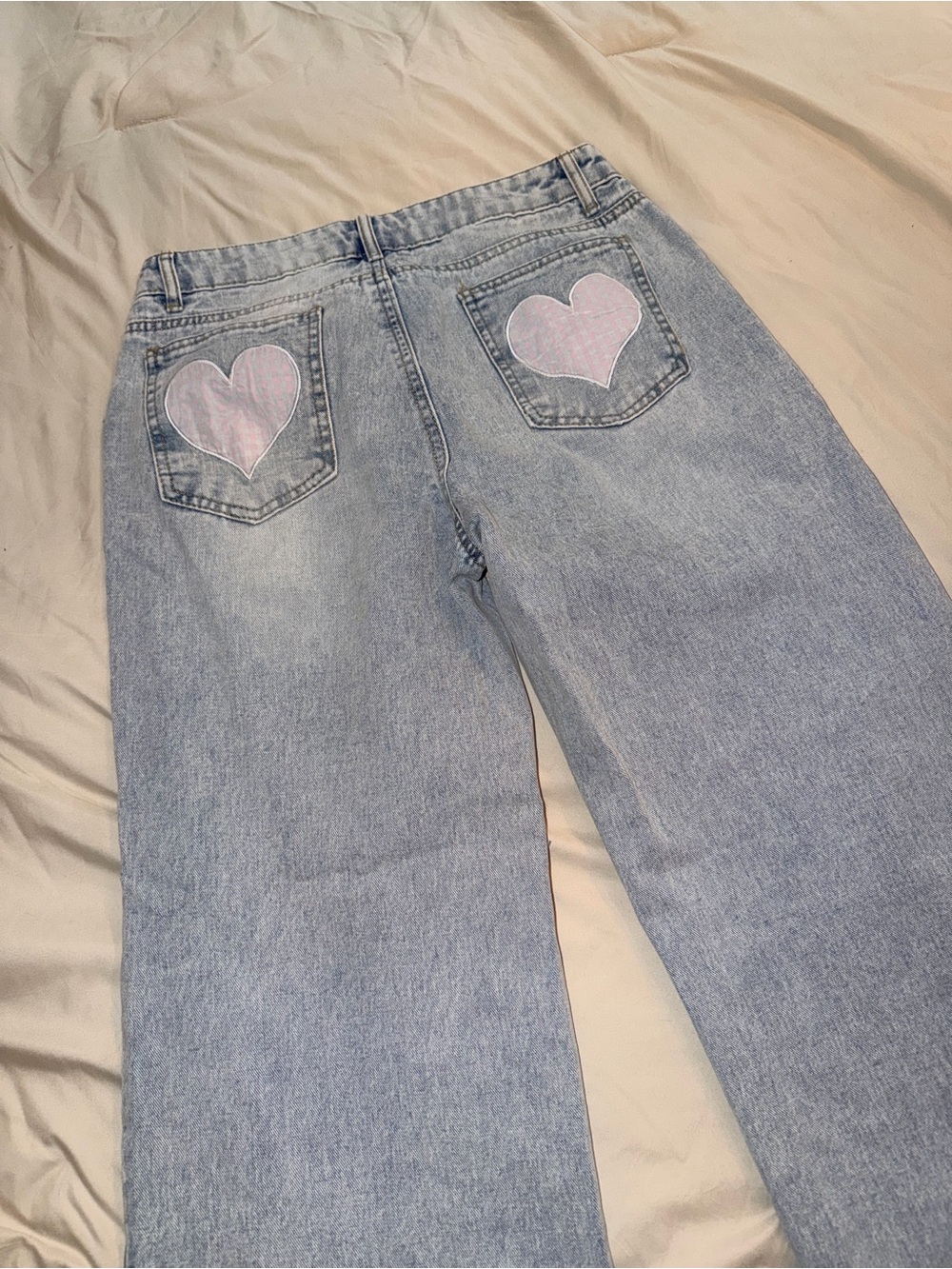 H&M Light Blue Wide-Leg Jeans with Pink Heart Patches